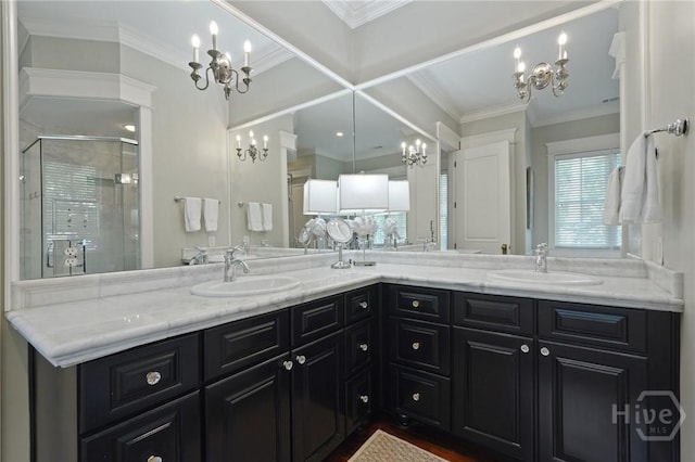 120 Marsh Harbor Dr S, Savannah, GA 31410 - full bath featuring a chandelier, double vanity, a stall shower, and ornamental molding