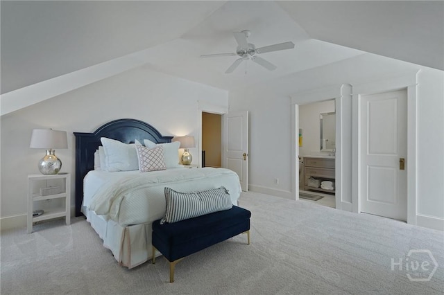 120 Marsh Harbor Dr S, Savannah, GA 31410 - carpeted bedroom featuring vaulted ceiling, baseboards, connected bathroom, and ceiling fan
