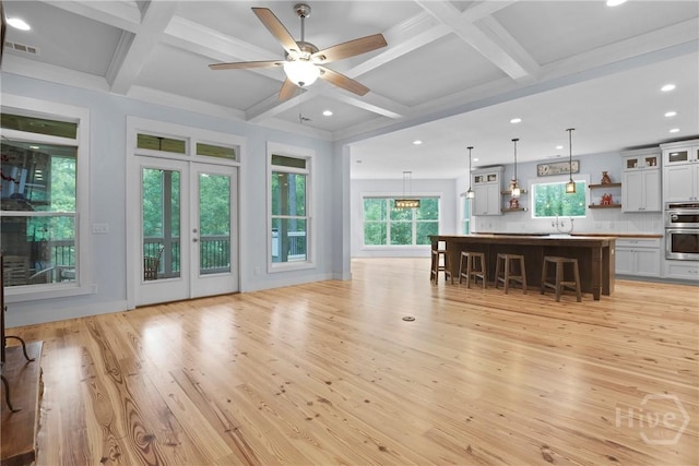 206 Captain Cone Ct, Brooklet, GA 30415 - living area with coffered ceiling, light wood-type flooring, recessed lighting, a ceiling fan, and beam ceiling