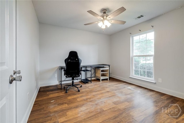 82 Saddlebrush Rd, Ellabell, GA 31308 - office with baseboards, wood finished floors, and a ceiling fan