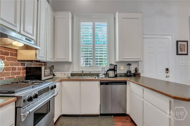 509 E Broughton St, Savannah, GA 31401 - kitchen with appliances with stainless steel finishes, under cabinet range hood, a sink, and white cabinets