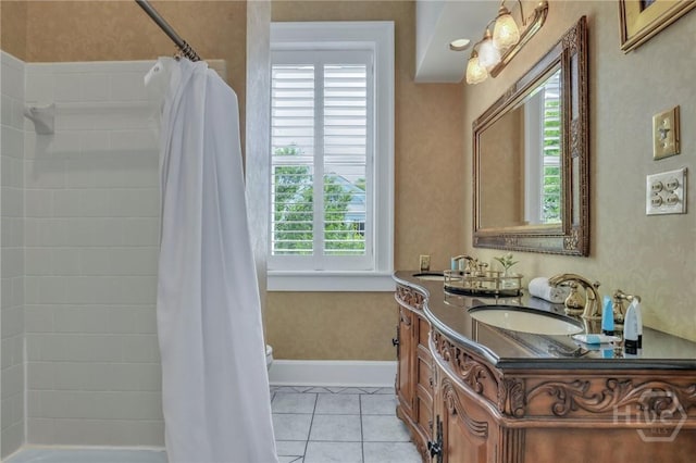509 E Broughton St, Savannah, GA 31401 - full bath featuring double vanity, a shower with shower curtain, toilet, tile patterned floors, and baseboards