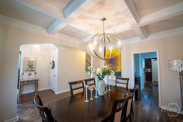 66 Tarbert Cut Cut, Richmond Hill, GA 31324 - dining area with coffered ceiling, a chandelier, arched walkways, ornamental molding, and dark wood-style flooring