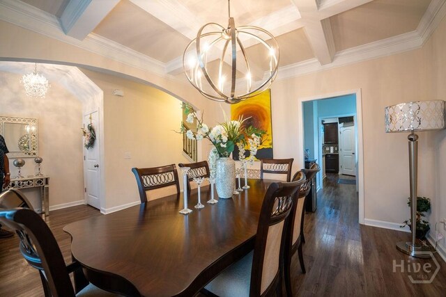 66 Tarbert Cut Cut, Richmond Hill, GA 31324 - dining space with a chandelier, coffered ceiling, dark wood finished floors, baseboards, and crown molding