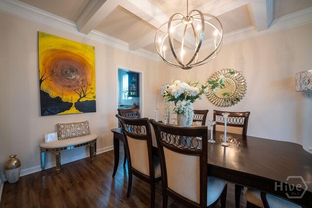 66 Tarbert Cut Cut, Richmond Hill, GA 31324 - dining space featuring a chandelier, coffered ceiling, wood finished floors, beam ceiling, and ornamental molding