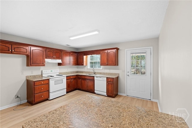 800 N Taylor Ct, Statesboro, GA 30461 - kitchen with white appliances, under cabinet range hood, light wood-style floors, light countertops, and baseboards
