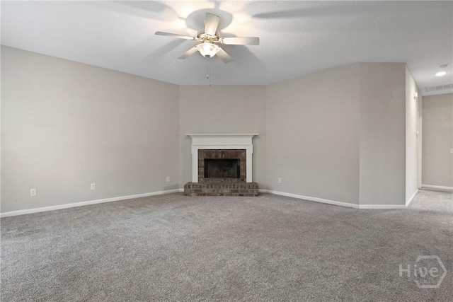 301 Morgan Pines Dr, Pooler, GA 31322 - unfurnished living room featuring a ceiling fan, carpet flooring, a brick fireplace, and baseboards