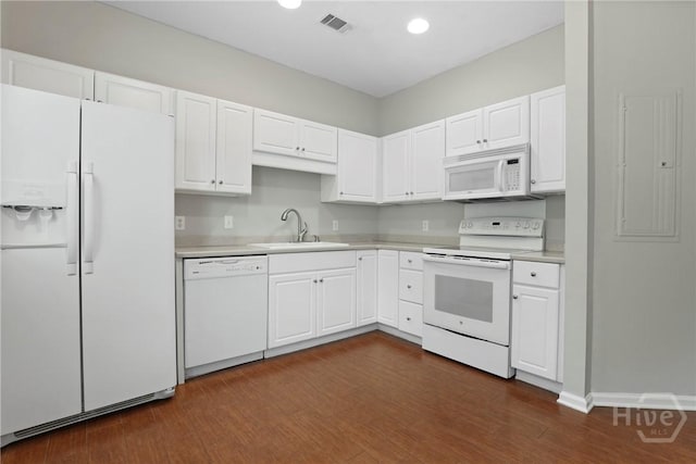 301 Morgan Pines Dr, Pooler, GA 31322 - kitchen featuring white appliances, a sink, light countertops, dark wood-style floors, and recessed lighting