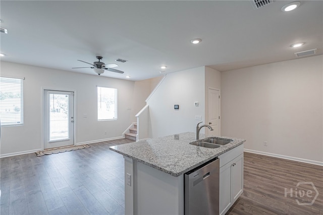 147 Congo Ct, Pooler, GA 31322 - kitchen with dishwasher, a sink, ceiling fan, dark wood finished floors, and an island with sink