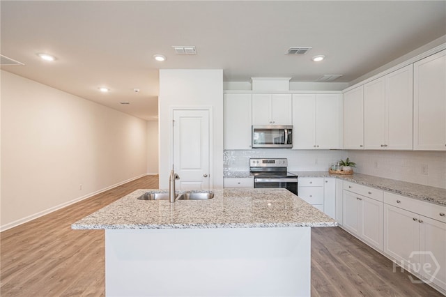 147 Congo Ct, Pooler, GA 31322 - kitchen featuring stainless steel appliances, a sink, decorative backsplash, white cabinetry, and light stone countertops