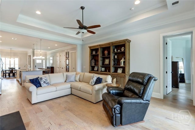 23 Golf Dr, Pooler, GA 31322 - living area featuring ceiling fan, ornamental molding, a tray ceiling, recessed lighting, and light wood-type flooring
