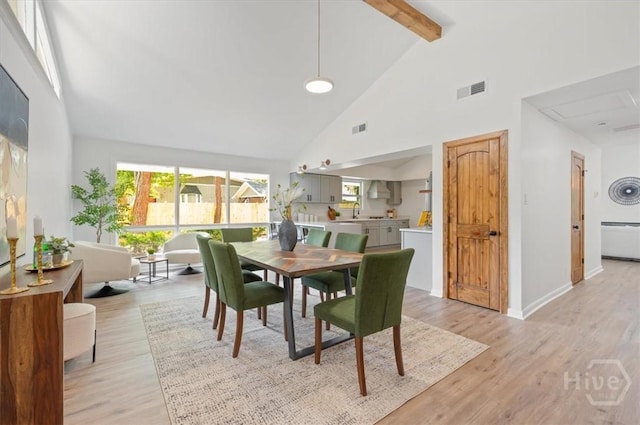 4750 Sylvan Dr, Savannah, GA 31405 - dining area with high vaulted ceiling, beamed ceiling, healthy amount of natural light, light wood-type flooring, and baseboards