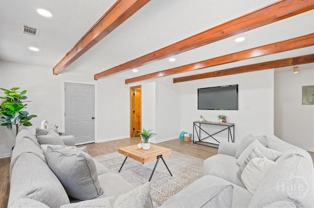 4750 Sylvan Dr, Savannah, GA 31405 - living room featuring recessed lighting, beam ceiling, wood finished floors, baseboards, and electric panel