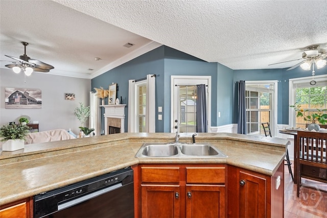 210 Pebblestone Dr, Bloomingdale, GA 31302 - kitchen with a sink, a ceiling fan, dishwashing machine, a textured ceiling, and a fireplace