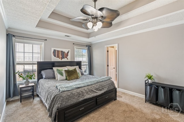 210 Pebblestone Dr, Bloomingdale, GA 31302 - bedroom with light colored carpet, a tray ceiling, ornamental molding, ensuite bath, and a ceiling fan
