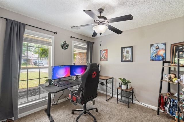 210 Pebblestone Dr, Bloomingdale, GA 31302 - office area with a textured ceiling, carpet flooring, ceiling fan, and baseboards