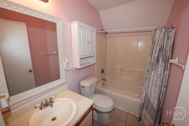 104 Ropemaker Ln, Savannah, GA 31410 - full bathroom with toilet, vanity, shower / bath combo with shower curtain, tile patterned floors, and lofted ceiling