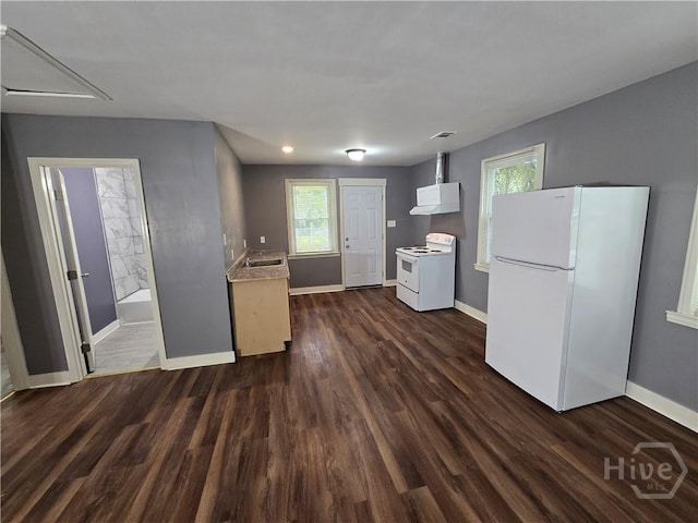1922 Fenwick Ave, Savannah, GA 31405 - kitchen with white appliances, ventilation hood, a sink, and baseboards
