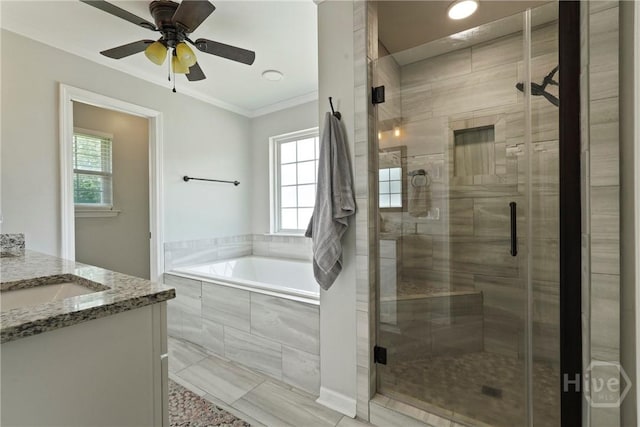 510 Braves Field Dr, Guyton, GA 31312 - full bathroom featuring a bath, vanity, a stall shower, ceiling fan, and ornamental molding