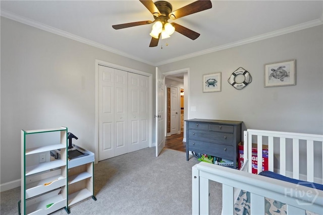 510 Braves Field Dr, Guyton, GA 31312 - bedroom featuring carpet, ornamental molding, a closet, and a ceiling fan
