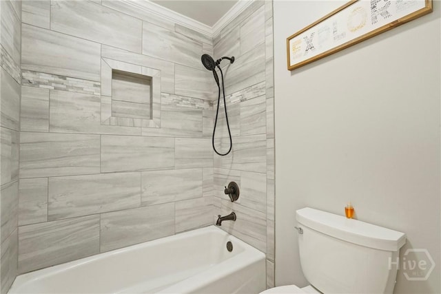 510 Braves Field Dr, Guyton, GA 31312 - bathroom featuring toilet, shower / washtub combination, and ornamental molding