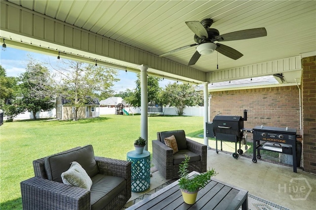 510 Braves Field Dr, Guyton, GA 31312 - view of patio featuring outdoor lounge area, a playground, a ceiling fan, and grilling area