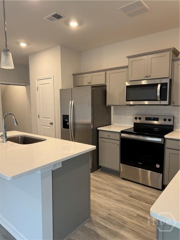 40 Hidden Pointe Dr, Savannah, GA 31419 - kitchen featuring stainless steel appliances, gray cabinets, a sink, light wood-type flooring, and backsplash