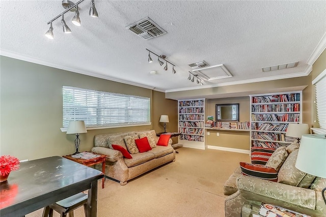 12300 Apache Ave Unit 1206, Savannah, GA 31419 - living room with track lighting, crown molding, carpet, a textured ceiling, and attic access