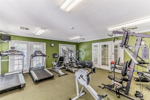 12300 Apache Ave Unit 1206, Savannah, GA 31419 - workout area featuring french doors, a textured ceiling, carpet, and crown molding