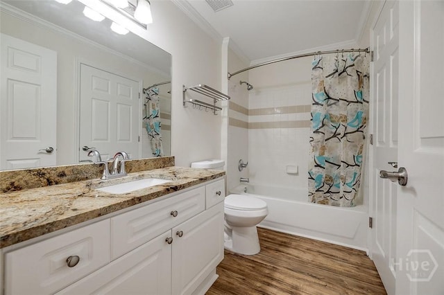 12300 Apache Ave Unit 1206, Savannah, GA 31419 - full bathroom with vanity, ornamental molding, shower / tub combo with curtain, toilet, and wood finished floors