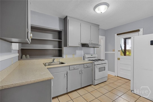 1419 E 35th St, Savannah, GA 31404 - kitchen featuring white appliances, under cabinet range hood, open shelves, a textured ceiling, and gray cabinetry
