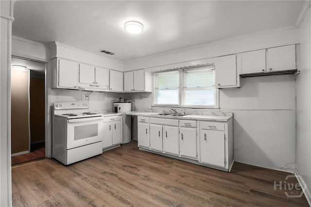3114 Wright St, Savannah, GA 31404 - kitchen featuring electric range, ornamental molding, a sink, white cabinetry, and light countertops