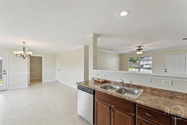 27 Drayton Ct, Midway, GA 31320 - kitchen featuring dishwasher, a sink, a ceiling fan, ornamental molding, and a textured ceiling