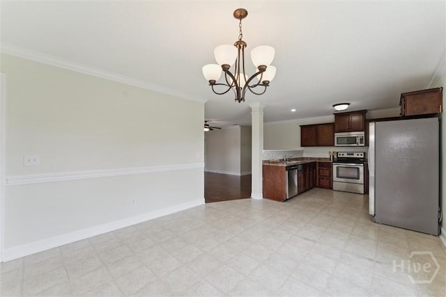 27 Drayton Ct, Midway, GA 31320 - kitchen with appliances with stainless steel finishes, decorative columns, ornamental molding, light floors, and open floor plan
