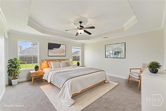 27 Drayton Ct, Midway, GA 31320 - bedroom featuring a raised ceiling, ornamental molding, carpet, baseboards, and ceiling fan