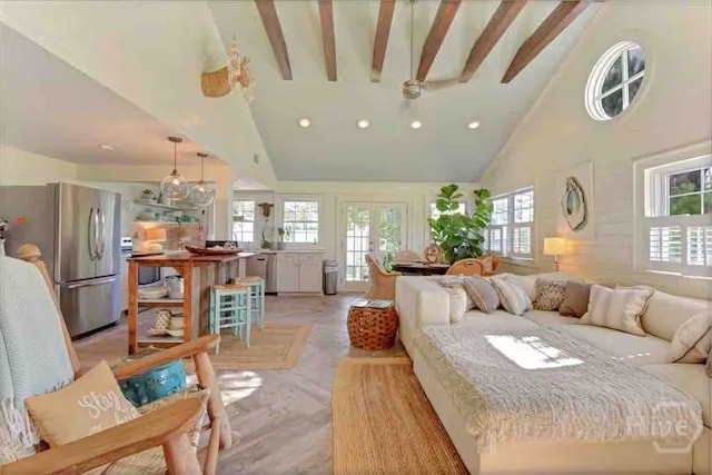 1810 Chatham Ave, Tybee Island, GA 31328 - bedroom with freestanding refrigerator, high vaulted ceiling, multiple windows, beam ceiling, and recessed lighting