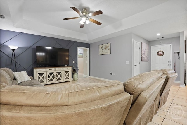 1346 Ryans Way, Pooler, GA 31322 - living area with light tile patterned floors, a ceiling fan, baseboards, and a raised ceiling