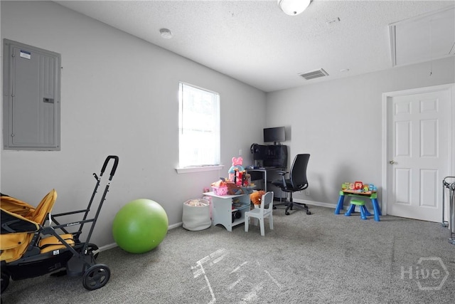 1346 Ryans Way, Pooler, GA 31322 - rec room featuring electric panel, attic access, baseboards, a textured ceiling, and carpet flooring