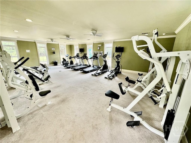 174 Regency Cir, Pooler, GA 31322 - exercise room featuring crown molding, baseboards, carpet flooring, recessed lighting, and ceiling fan