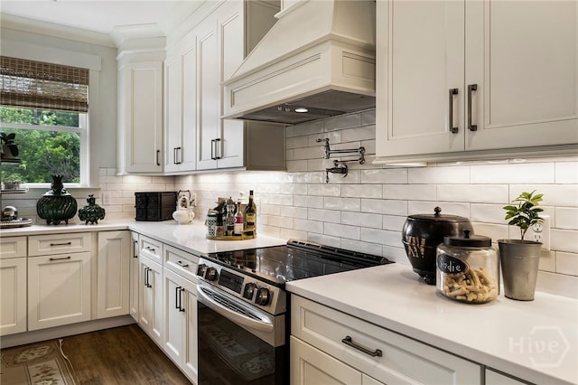 122 N St, Savannah, GA 31410 - kitchen featuring stainless steel electric stove, custom range hood, light countertops, and decorative backsplash