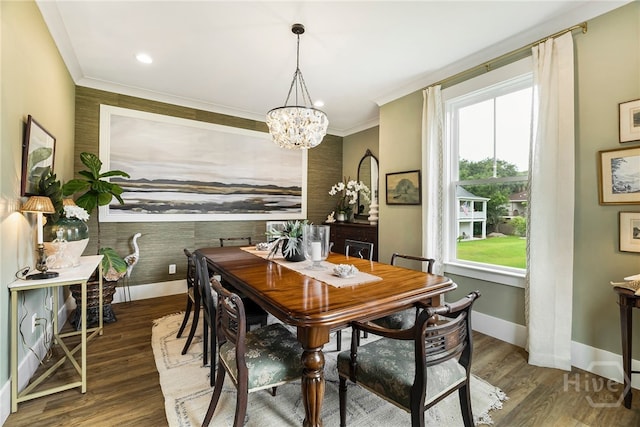 122 N St, Savannah, GA 31410 - dining space with baseboards, a chandelier, dark wood-style flooring, and ornamental molding
