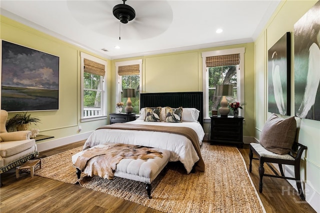 122 N St, Savannah, GA 31410 - bedroom with crown molding, wood finished floors, baseboards, recessed lighting, and a ceiling fan