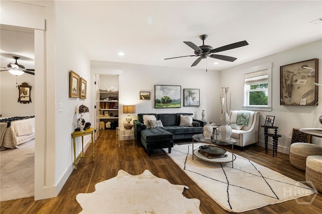 122 N St, Savannah, GA 31410 - living area with a ceiling fan, recessed lighting, baseboards, and wood finished floors