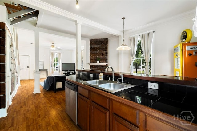 1402 Jefferson St, Savannah, GA 31401 - kitchen with a sink, stainless steel dishwasher, dark wood-style flooring, ceiling fan, and brown cabinets