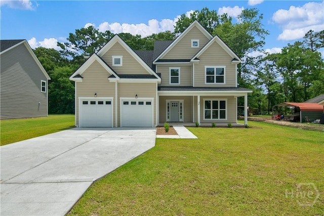 220 N Skinner Ave, Pooler, GA 31322 - view of front of home with driveway, a front lawn, covered porch, and a garage