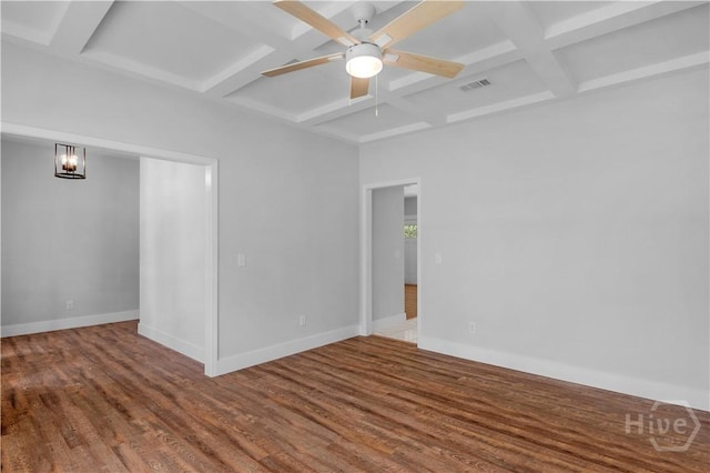 220 N Skinner Ave, Pooler, GA 31322 - empty room featuring coffered ceiling, wood finished floors, baseboards, a ceiling fan, and beamed ceiling
