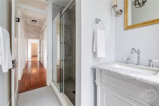 24 E Liberty St Unit 44, Savannah, GA 31401 - bathroom with vanity, a stall shower, and tile patterned floors