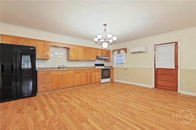 2317 Ga Highway 24, Statesboro, GA 30461 - kitchen with black fridge with ice dispenser, white range with electric cooktop, a wall mounted AC, a sink, and under cabinet range hood