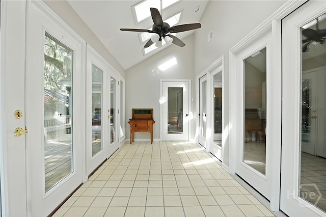 550 Strathy Hall Dr, Richmond Hill, GA 31324 - unfurnished sunroom featuring a skylight, french doors, tile patterned flooring, and high vaulted ceiling