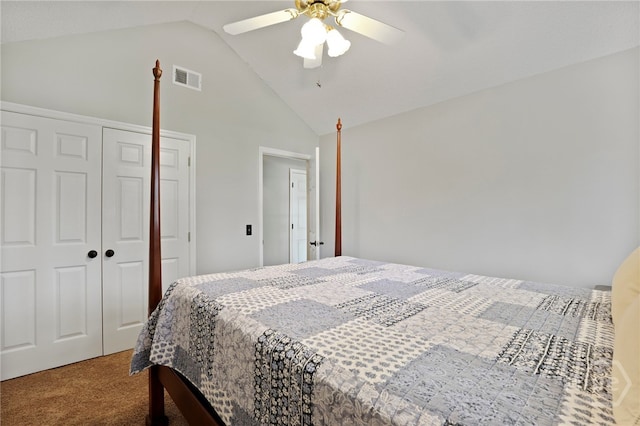550 Strathy Hall Dr, Richmond Hill, GA 31324 - bedroom featuring carpet flooring, vaulted ceiling, a closet, and a ceiling fan